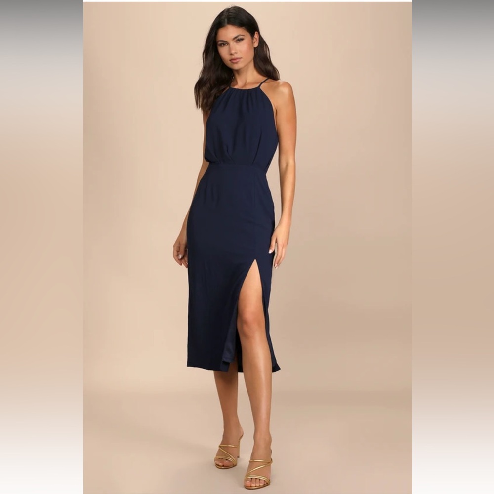 Dreamy Date Night Navy Blue Sleeveless Midi Dress